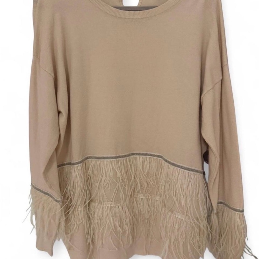 Joh Cream Pullover Sweater with Feather Trim